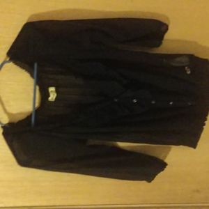 Hollister Brand Navy Blue Semi-Sheer Blouse With Buttons & Ruffles-NWOT